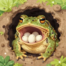 a colorfull drawing of a hole an a toad eggs in his mouth