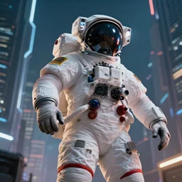 professional photo of astronaut from low angle shot with cyberpunk city on background, blade runner, hyperrealistic masterpiece, trending on artstation, cgsociety, kodakchrome, golden ratio, cinematic, composition, beautiful lighting, hyper detailed, sharp focus, octane render, 4 k, unreal engine
