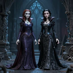 photo taken of an epic intricate, ultra detailed, super realistic stop motion puppet of the majestic gracious regal aristocratic brunette female vampire twins and gothic filmset created by weta workshop and tim burton, menacing, wide angle, full body shots, photorealistic, sharp focus, gloomy, extremely cold blueish colour temperature, 3 5 mm, f 1. 4, golden ratio