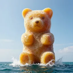 a giant sculpture of will smith as a gummy bear on the ocean, in the style of chad knight, award winning, cinematic, hyper - realistic, very detailed, realistic water splashes, ray tracing, 8 k resolution, long - shot, sharp focus, low angle, 8 5 mm photograph, wide lens