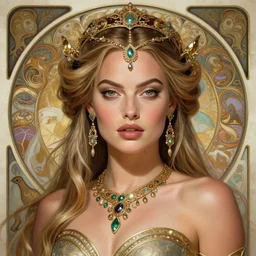 Margot Robbie as an Amazon Warrior Goddess, cute, fantasy, intricate, elegant, highly detailed, digital painting, 4k, HDR, concept art, detailed jewelry, smooth, sharp focus, head and waist potrait, art by Artgerm and H R Giger and Greg Rutkowski and Alphonse Mucha