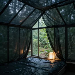 interior photo of a crystalline glass house with translucent black mesh tarps, forest in the background, light coming through the window, light box, moody atmosphere