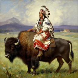 powerful native american warrior!! beautiful native american sitting on bison, buffalo, nineteenth century painting, painted by frank frazetta