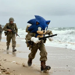 Sonic The Hedgehog in Saving Private Ryan film still from Saving Private Ryan storming Normandy beach as a ww2 soldier