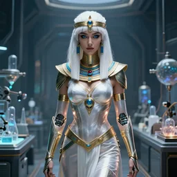 perfect white haired attractive egyptian goddess, warframe armor, beautiful, symmetric, dreamy, half asian, pretty face, blue eyes, khaleesi, detailed, scifi platform, laboratory, experiment, 4 k, ultra realistic, epic lighting, android body, illuminated, cinematic, masterpiece, art by akihito tsukushi, voidstar