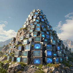 A mountain covered in CRT monitors, cgsociety, artstationhq