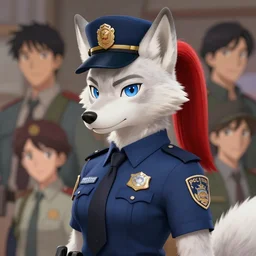 beautiful portrait of a female anthropomorphic albino wolf fursona police officer with a red pony tail. character design by disney, charlie bowater, ross tran, artgerm, and makoto shinkai, detailed, soft lighting, rendered in octane