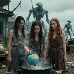 she makes the deep boil. dark fantasy story about two casually - dressed women in a dirty seaside town, a globster, and a beautiful song. color cinematic still from an action - packed 2 0 1 1 conquering!! hybridizing alien - robot invasion science - fiction blockbuster movie ; highly - detailed.