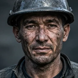 close up face male portrait of a coal miner who just finished is last shift.
