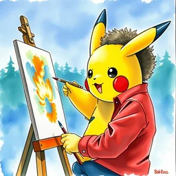 bob ross painting a water color picture of pikachu