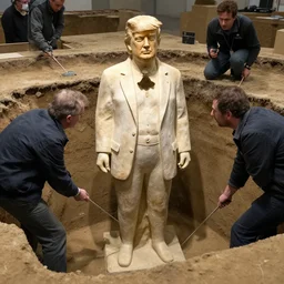 archaeologists unearthing ancient statue of Donald Trump