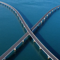 single lane bridges winding over wide ocean of bright blue water, birds eye view