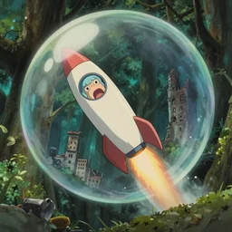 unrealistic interior shot from howls moving castle ( 2 0 0 4 ) of a scientist rocketing out of a bubble in a dense woodland an abandoned city. screaming. cartoon depth of field.