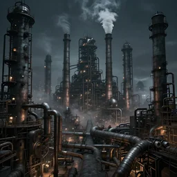 futuristic dystopian endless industrial megafactory complex, smokestacks, pipelines and ducts and vents, steampunk, smoke, night, gloomy, dramatic
