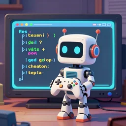an cute elaborate robot coding, on screen old video game shown, robot hold a controller