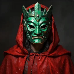 portrait of man, emerald ritual mask of the forgotten ancient god, red mantle, oil texture, detailed, dark, majestic, powerful, mtg artstyle, john howe, greg rutkowski