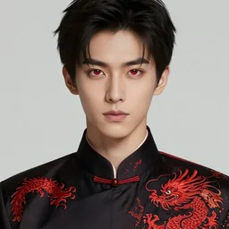 concept art, a young chinese man with a pair of phoenix eyes, looks like kimura takuya, fair complexion, straight nose, thin lips, delicate eyebrows, handsome and elegant, wearing a chinese tunic suit with a red chinese dragon embroidered on it, conrad roset, greg rutkowski, flume cover art