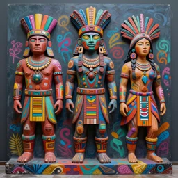 a sculpture of mythical creatures, made of colorful south american style graffiti, half inca warrior, amazonian messenger of a new generation, hannah yata, visionary artist, shamanic art, concept art, award winning acrylic painting, ambient occlusion, digital art,
