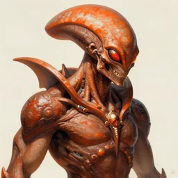 portrait with no signature of aggressive alien, d & d, muscular! orannge brown, fantasy, intricate, elegant, highly detailed, digital painting, artstation, concept art, smooth, sharp focus, illustration, art by artgerm and greg rutkowski and alphonse mucha