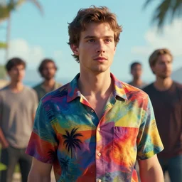 a cinematic shot of palmer luckey, aloha shirt, colorful, octane render, volumetric lighting, nvidia raytracing demo, by Andy Thomas, Mario Martinez, Daniel Mirante, Gustave Dore, Artstation, CGsociety, masterpiece