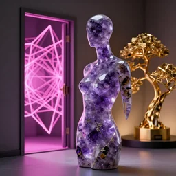 beautiful mannequin sculpted out of amethyst by billelis + lit with geometric neon + kintsugi, facing a doorway opening with neon pink geometric fractal light + gold geometric cubed bonsai trees + lighting in background!!, clean linework, dramatic, finely detailed, award winning, 4 k, trending on artstation, photorealistic, volumetric lighting, octane render