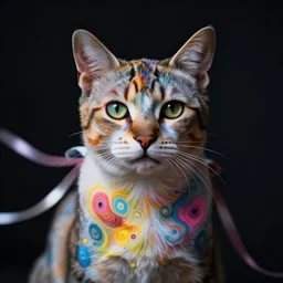 a portrait of a cat with body paint, half figure, fractal shapes, dramatic light, cinematic lighting, ribbons,
