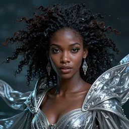 Portrait painting of a beautiful african princess born of water, stunning 3d render inspired art by P. Craig Russell and Barry Windsor-Smith + perfect facial symmetry + dim volumetric lighting, vibrant dark hair, ornate flowing silvered robes, dizzy, 8k octane beautifully detailed render, post-processing, extremely hyperdetailed, intricate, epic composition, grim yet sparkling atmosphere, cinematic lighting + masterpiece, trending on artstation, very very detailed
