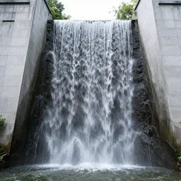outdoor design, 行 云 流 水, a waterfall in the middle of two buildings, high details, 4 k, panorama