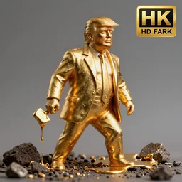 donald trump golden statue starting to melt, drips of molten metal ground angle, uhd 8 k, sharp focus