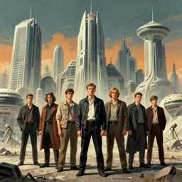 a group of people standing in front of a futuristic city, art by wadim kashin, cgsociety, retrofuturism, concept art, greeble, dystopian art