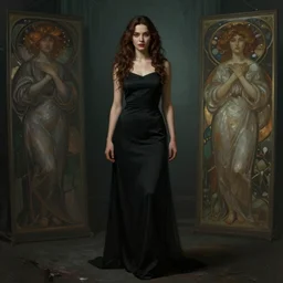 the most powerful woman in the world, brown hair, plain clothes, fantasy, cinematic, stunning, highly detailed, digital painting, artstation, soft focus, ominous lighting, evil colors, full body shot, illustration, art by artgerm and greg rutkowski and alphonse mucha