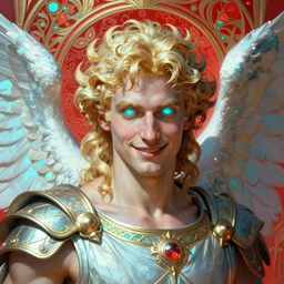 the pale blond male angel of battle apollo smirking, sci fi, glowing eyes, volumetric lights, red and cyan theme, art nouveau botanicals, intricate, highly detailed, digital painting, artstation, concept art, smooth, sharp focus, cinematic, illustration, beautiful face, art by artgerm and greg rutkowski and alphonse mucha