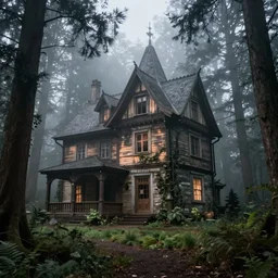 an old mysterious house in the foggy forest, from the scene in the movie witches house in the black forest by stanley kubrick.