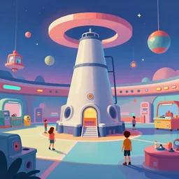 nuclear hall reactor from 8 0 s interior scene location. kids game environment, retrofuturistic design. colorful soft gradients, illustration by syd mead. artstation, unreal engine