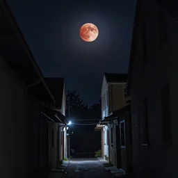 an alley, at night, with a blood moon in the sky above, low angle