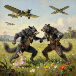 A werewolf fighting a bunny barbarian in a field of flowers. WWII planes fly overhead, Academic painting by Greg Rutkowski, Mobile still frame. 4K UHD