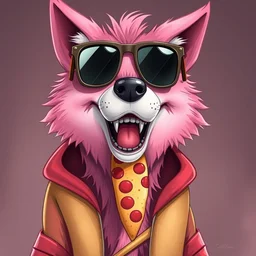 portrait of a pink anthropomorphic cartoon wolf wearing sunglasses and a hot dog costume with a slice of pizza in its mouth by caitlin hackett