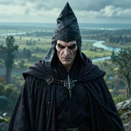 an ultra realistic cinematic headshot portrait of an evil wizard, background of a vast serene landscape with trees and rivers, detailed, deep focus, movie still, dramatic lighting, ray tracing, by michal karcz and yoshitaka amano