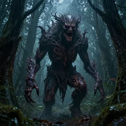 a terrifying creature in an enchanted forest at night during torrential rain, very complex, maximalist, overdetailed, legendary cinematic, darkfantasy, highly intricate, realism, perspicious detail, silent hill aesthetic, photorealistic, lifelike, dslr 8 k, unbeatable coherency, octane render