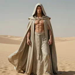 full body portrait of charles dance covered in a long hooded cape, muscular physique, lean, fit, abs, long robe. god of time. hourglass, desert background. detailed face, concept art, intricate, highly detailed 8 k, smooth, sharp focus, handsome and aesthetic shape of face and body, artgerm, artstation, art by zexi guo and nira