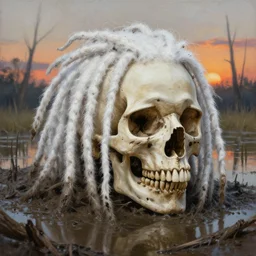 a detailed and accurate masterpiece painting of a skull with white dreadlocks, white hair dreads deep in mud in a swamp at sunset, sharp detail, by tyler edlin, noah bradley, john j. park, jordan grimmer trending on artstation