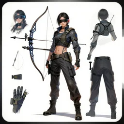 character designs of cyberpunk archer, carrying compound bow, tactical, style over substance, layout