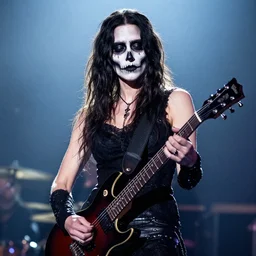 black metal corpse paint makeup on Jennifer Connelly as she plays the electric guitar at a concert