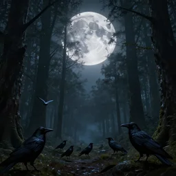 fantasy landscape of a forest full of crows and the big moon in the background, dark color-theme, cinematic, science-fiction art wallpaper, stunning digital art