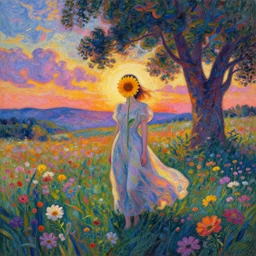 girl with singular flower as a face, surreal photography, dream, dress flowing into flower field, hills, big trees, sunrise dramatic light, impressionist painting, colorful clouds, digital painting, pointillism, artstation, simon stalenhag