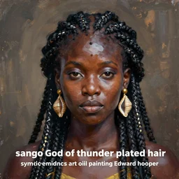 “sango God of thunder plaited hair cowry Nigerian lightning facial details proportionate dark skinned symmetrical digital art oil painting Edward hooper”