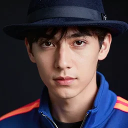 closeup headshot photo of the person with nineties neon track jacket and fedora, detailed face details