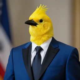 the presidential portrait of a stoic, conservative yellow birdie, he is wearing a blue and black suit, realistic