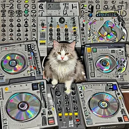 a white and gray Norwegian forest Turkish van cat DJing at a club on CDJs  and a pioneer mixer