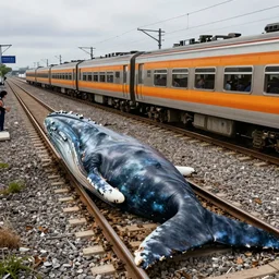 a dead whale is blocking the train tracks, stopped train, 4k, high quality